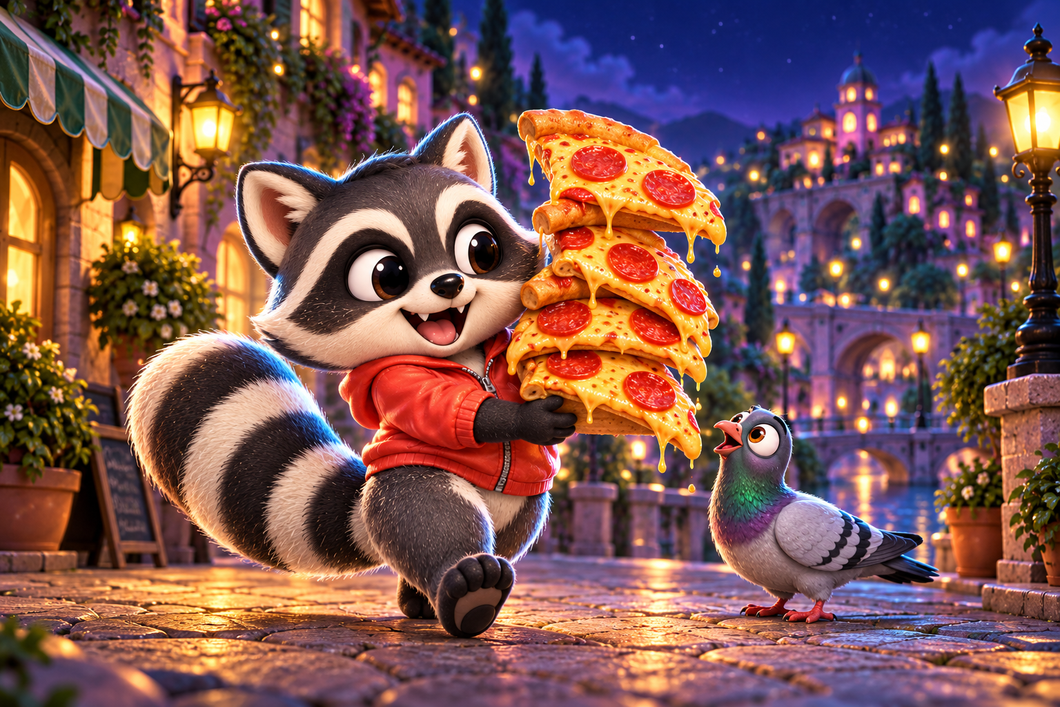 A delighted raccoon in a red hoodie carries a wobbling pizza tower while a cheeky pigeon eyes its next snack.